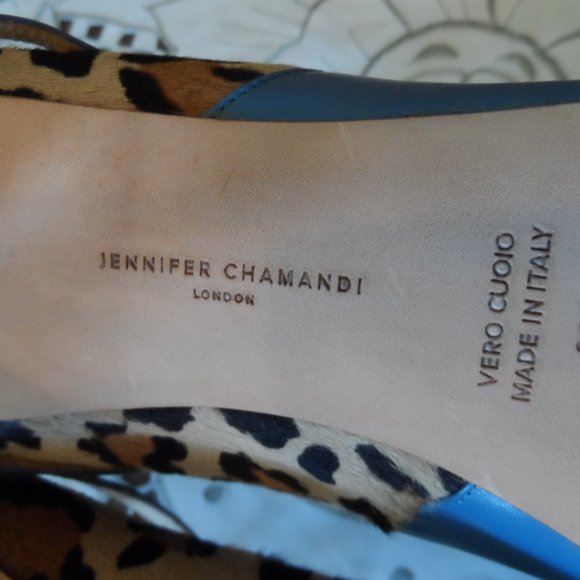 Jennifer Chamandi Light Blue/Leopard "Lorenzo" Two Tone Leather Pumps Si… - Picture 15 of 16